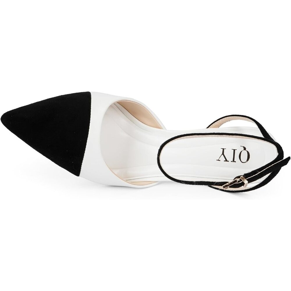 Women White/black Pumps Stiletto Wedding Dress Closed Toe Ankle Strap Heel Shoes - Picture 5 of 7
